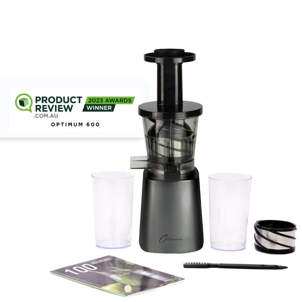 Optimum 600M Compact Cold Press Juicer Yields 10-20% More Juice and Less Pulp than Competitors