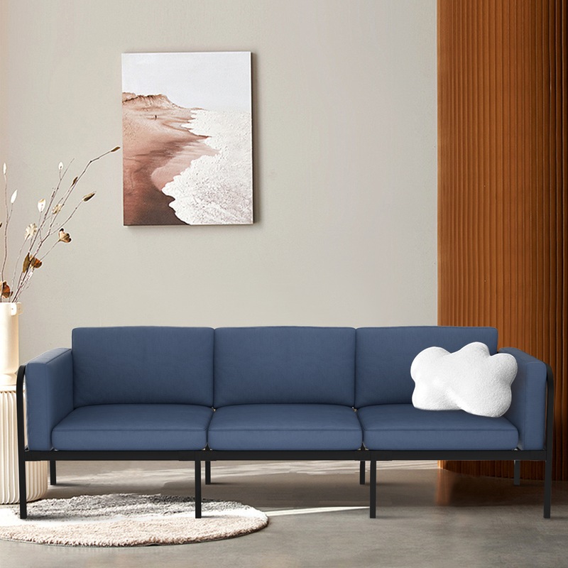 Buy 3 Seater Sofa with Iron Frame Upholstered Lounge Couch Leather Blue