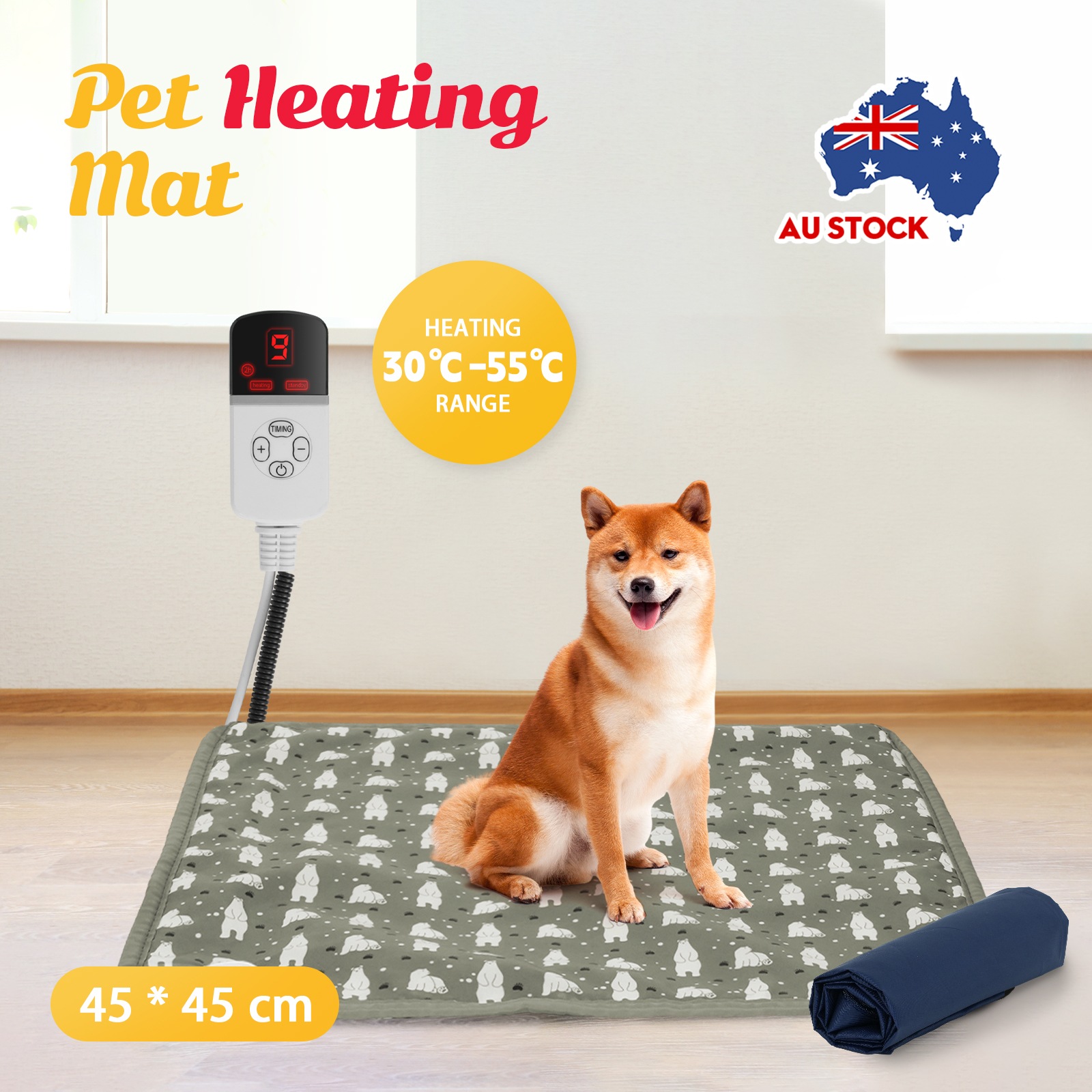Pet Warm Heated Pad, Puppy Dog Cats Electric Waterproof Bed Mat Heater Mats With 9 Heating Levels 4 Timer Setting S