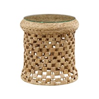 Dahlia Side Table Bedside Round Glass Top 44cm woven