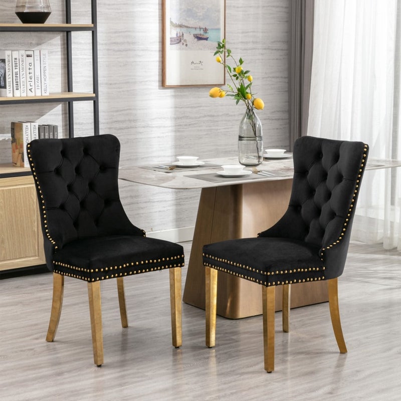 Buy Set of 2 - Velvet Dining Chairs with Golden Metal Legs - Black: The