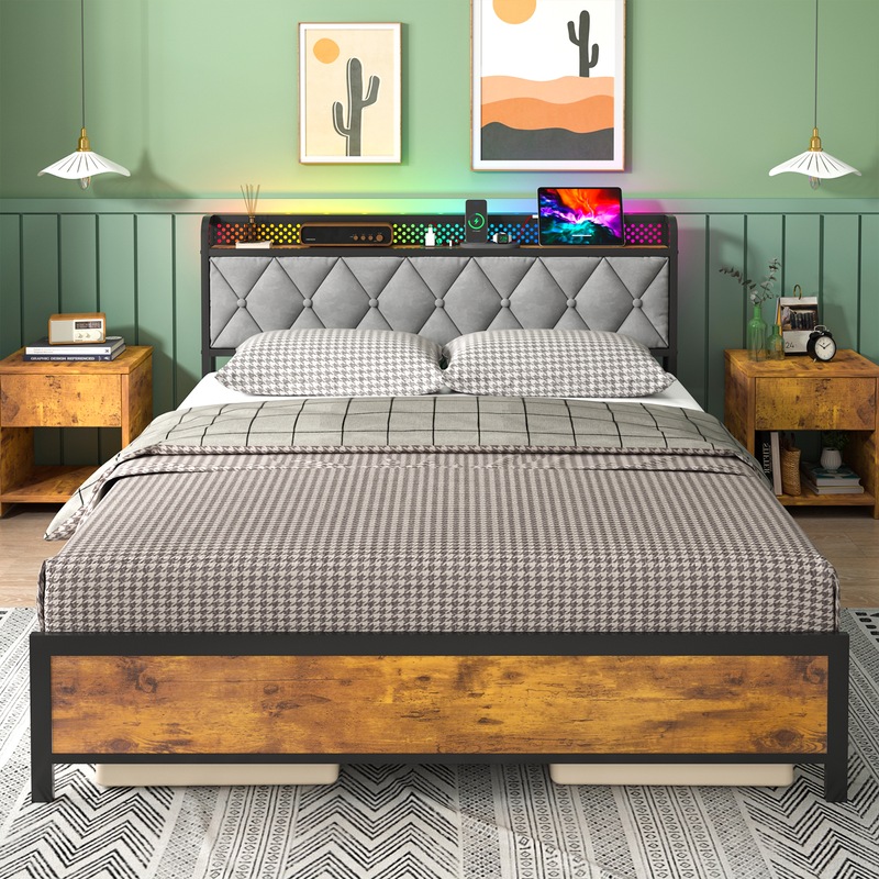 Buy Ufurniture Queen Bed Frame Metal Storage Headboard Shelf with Remote RGB LED Lights,Charging