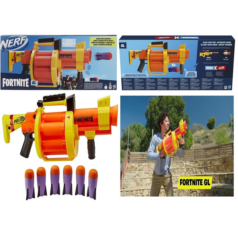  NERF Fortnite GL Rocket-Firing Blaster - 6-Rocket Drum,  Pump-to-Fire - Includes 6 Official Rockets - for Youth, Teen, Adult, Orange  : Toys & Games