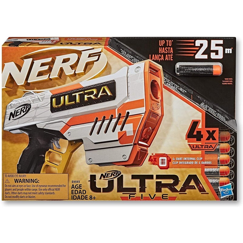 NERF Ultra Five Blaster - 4-Dart Internal Clip, 4 Ultra Darts, Dart Storage  - Compatible Only Ultra Darts