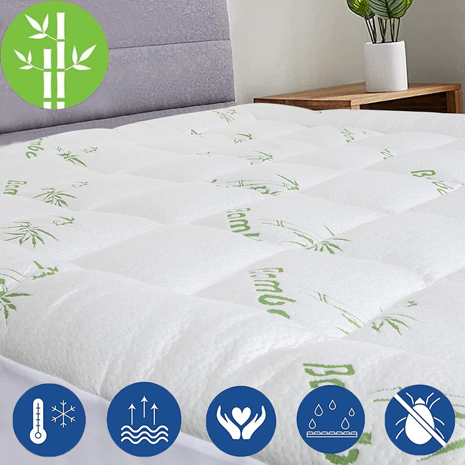 1000GSM Bamboo Quilted Mattress Topper Pillow Top Mattress Pad Fitted SB/KSB/DB/Queen/KB