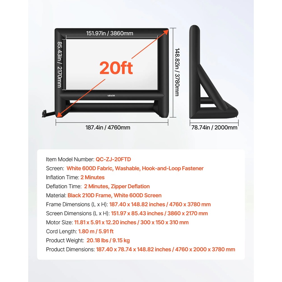 20 ft Inflatable Movie Screen, 600D Washable Inflatable Projector Screen with Portable Storage Bag, 16:9 Easy Set Up Movie Projection for Outdoor Backyard, Home Theater, Theme Party, Pool Fun