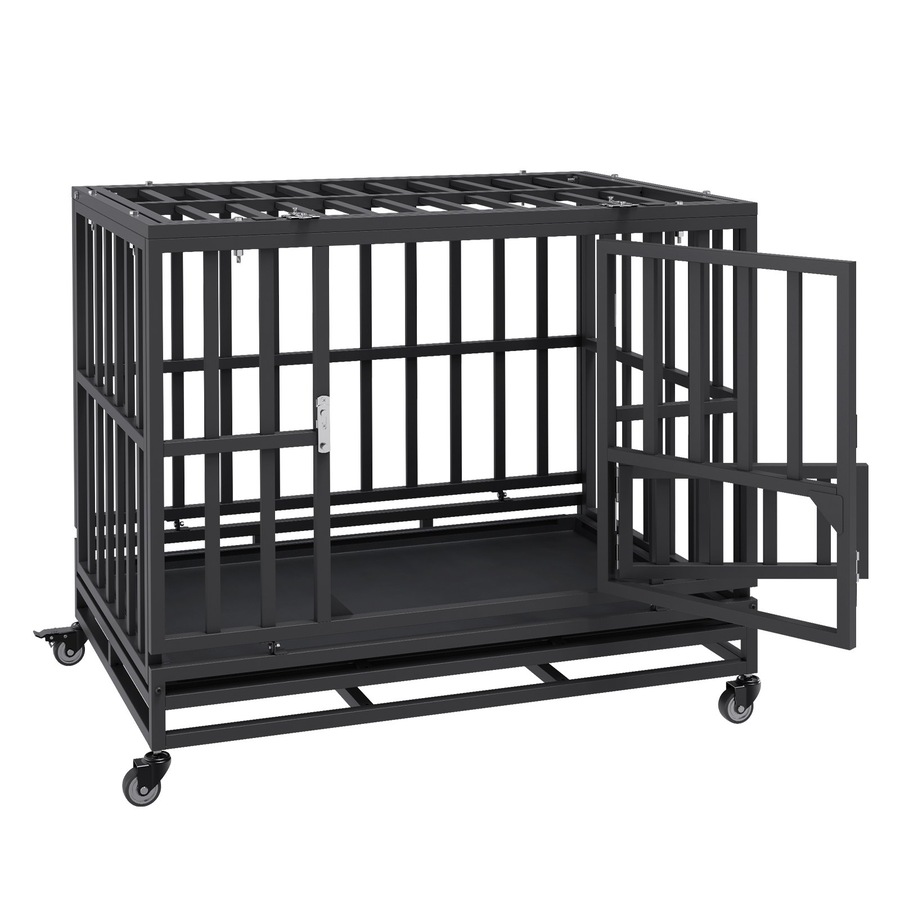 38 Inch Heavy Duty Dog Crate, Indestructible Dog Crate, 3-Door Heavy Duty Dog Kennel for Medium to Large Dogs with Lockable Wheels and Removable Tray, High Anxiety Dog Crate for Indoor & Outdoor