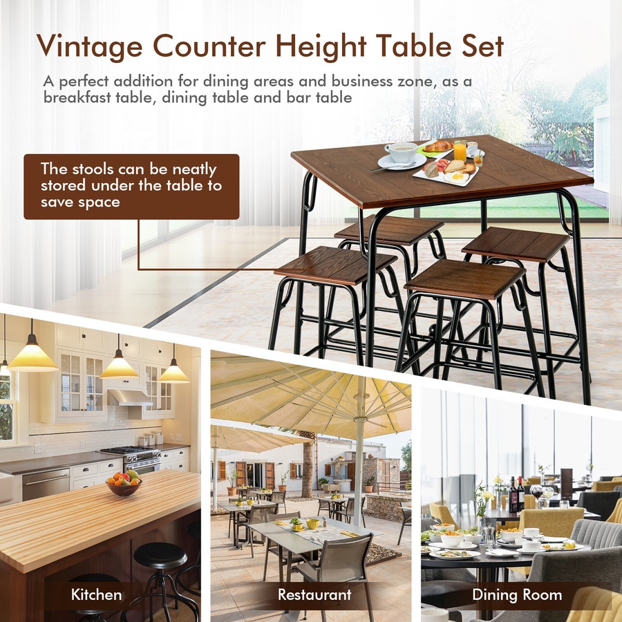5-piece Bar Table Set Pub Dining Table Set with Counter Height Bar Stools