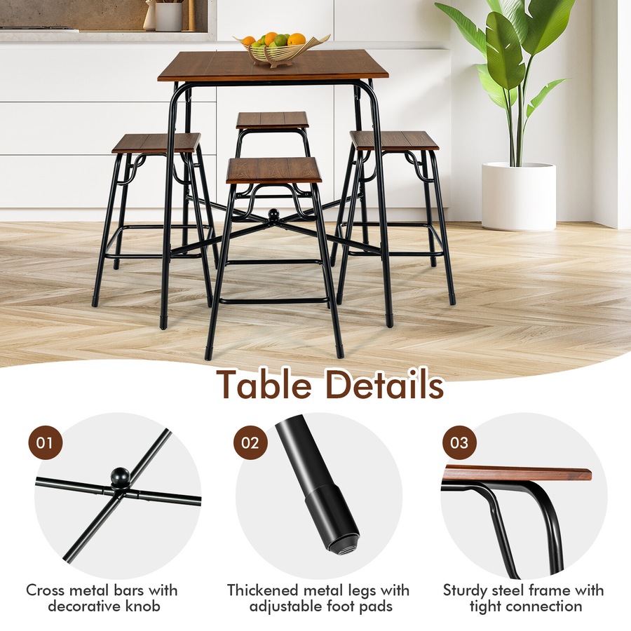 5-piece Bar Table Set Pub Dining Table Set with Counter Height Bar Stools