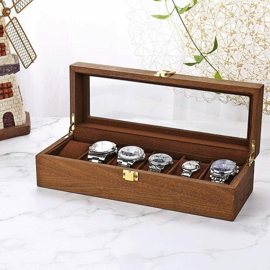 High-Quality Wooden Watch Box with 6-Slot Display and Glass Top Case