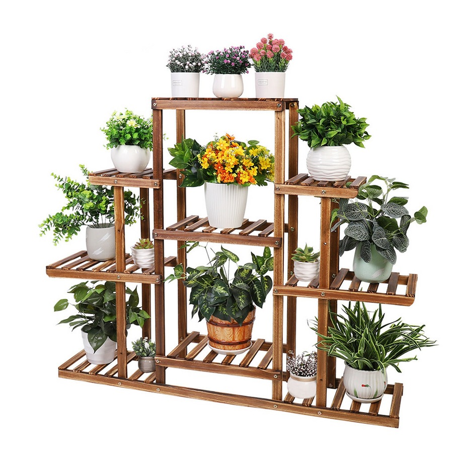 9 Tier Flower Rack Wood Plant Stand Shelves 13 Pots Bonsai Display Shelf Holder