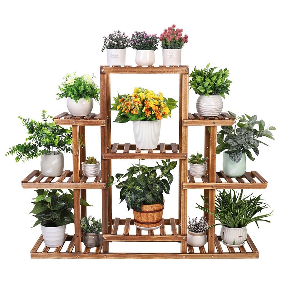 9 Tier Flower Rack Wood Plant Stand Shelves 13 Pots Bonsai Display Shelf Holder