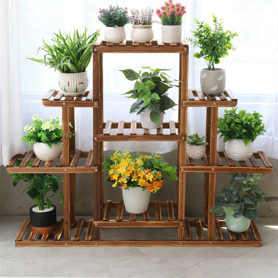 9 Tier Flower Rack Wood Plant Stand Shelves 13 Pots Bonsai Display Shelf Holder