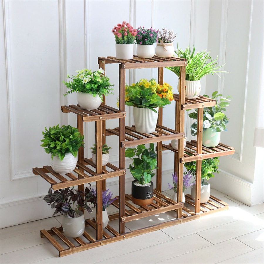 9 Tier Flower Rack Wood Plant Stand Shelves 13 Pots Bonsai Display Shelf Holder