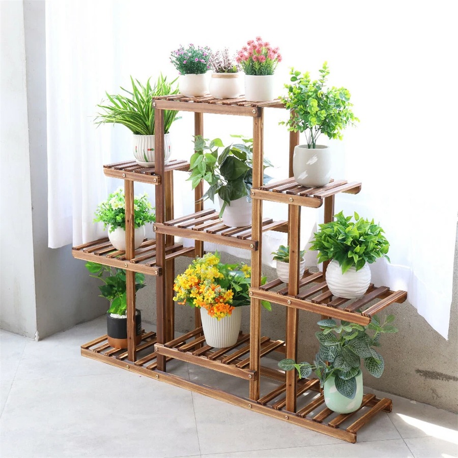 9 Tier Flower Rack Wood Plant Stand Shelves 13 Pots Bonsai Display Shelf Holder