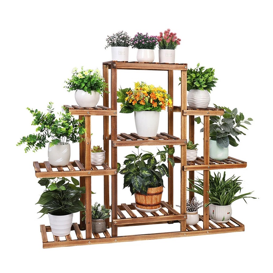 9 Tier Flower Rack Wood Plant Stand Shelves 13 Pots Bonsai Display Shelf Holder