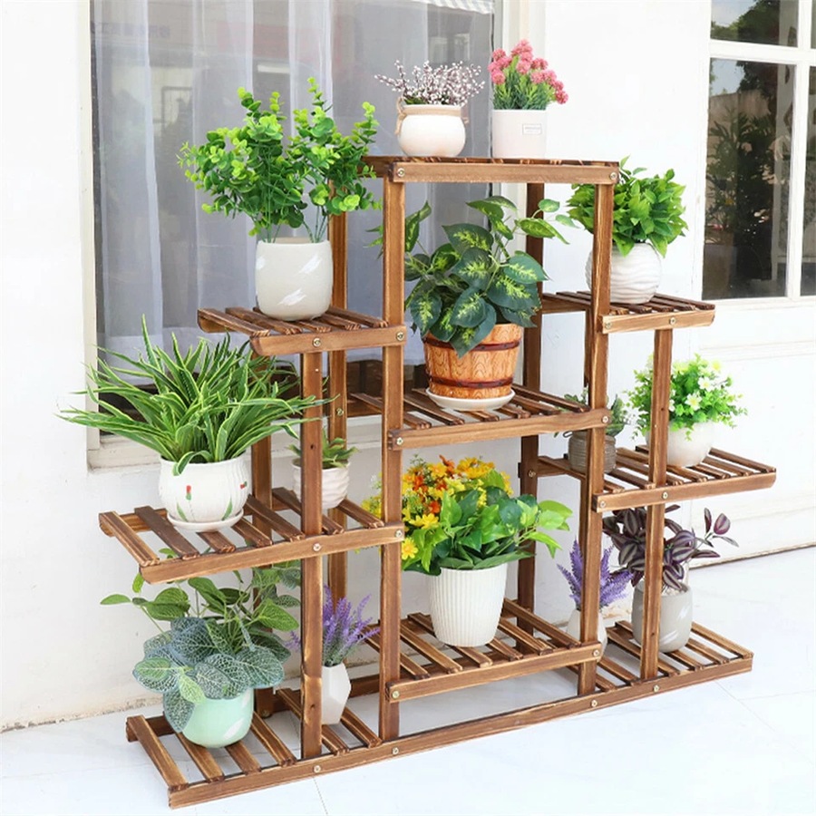 9 Tier Flower Rack Wood Plant Stand Shelves 13 Pots Bonsai Display Shelf Holder