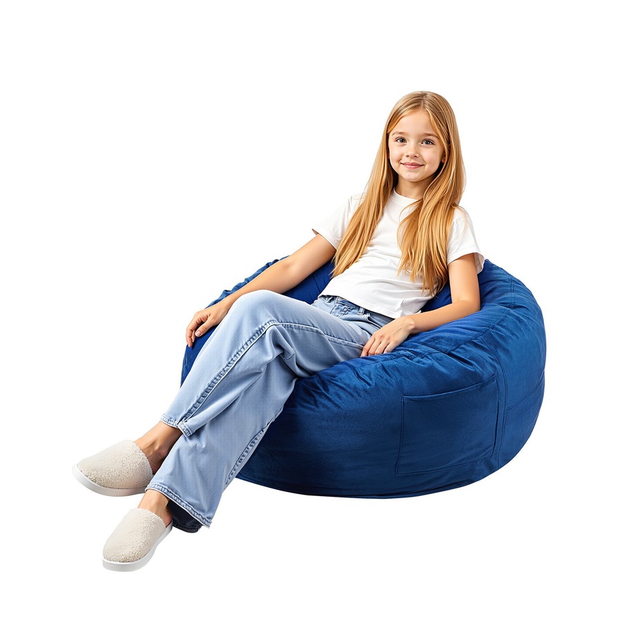 Bean Bag Chair, 91 cm Round Bean Bag Chair with Removable and Washable Cover, 25D Memory Foam Filled with Soft and Smooth Dutch Velvet, Bean Bag for Bedroom or Playroom, Blue