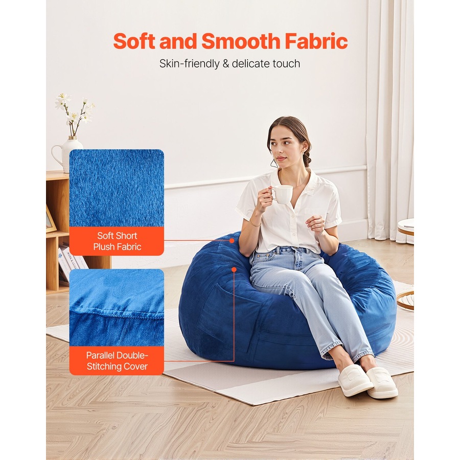 Bean Bag Chair, 91 cm Round Bean Bag Chair with Removable and Washable Cover, 25D Memory Foam Filled with Soft and Smooth Dutch Velvet, Bean Bag for Bedroom or Playroom, Blue
