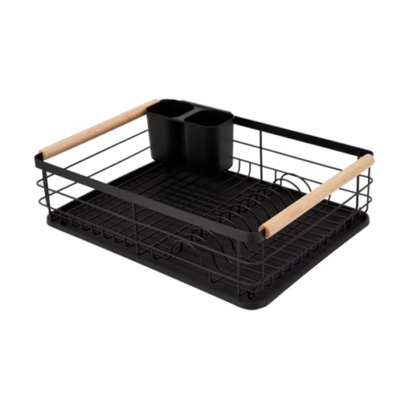 Buy Black Dish Drying Rack With Drip Tray Cutlery Rack And Wooden