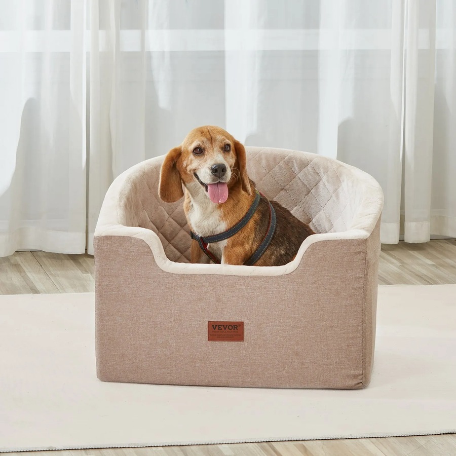 Dog Car Seat, Waterproof Dog Booster Seat for Car with A Storage Pocket, Clip-On Safety Leash and Sponge Filling, Dog Car Bed for Small & Medium Dog up to 24.9 kg, Brown