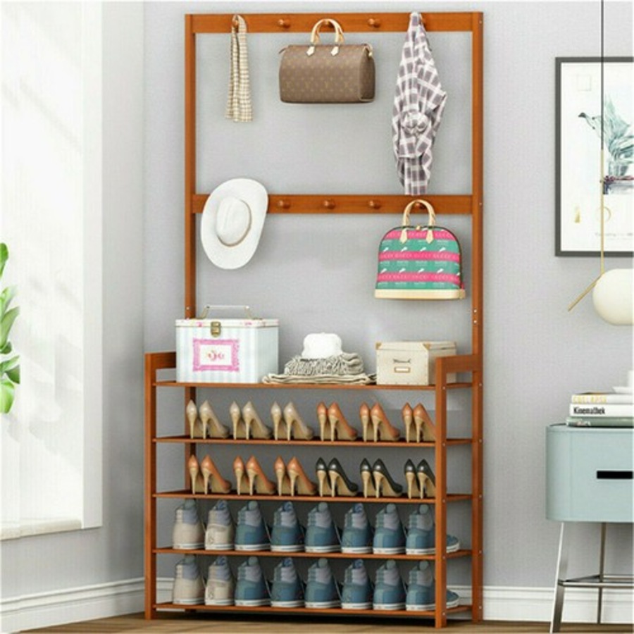 Vintage Entryway Coat Rack Shoe Bench Storage Shelf Hall Tree Accent Furniture