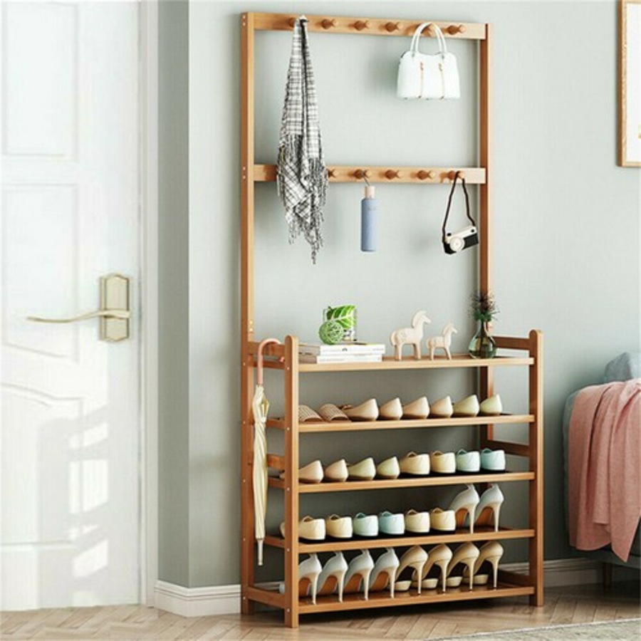 Vintage Entryway Coat Rack Shoe Bench Storage Shelf Hall Tree Accent Furniture