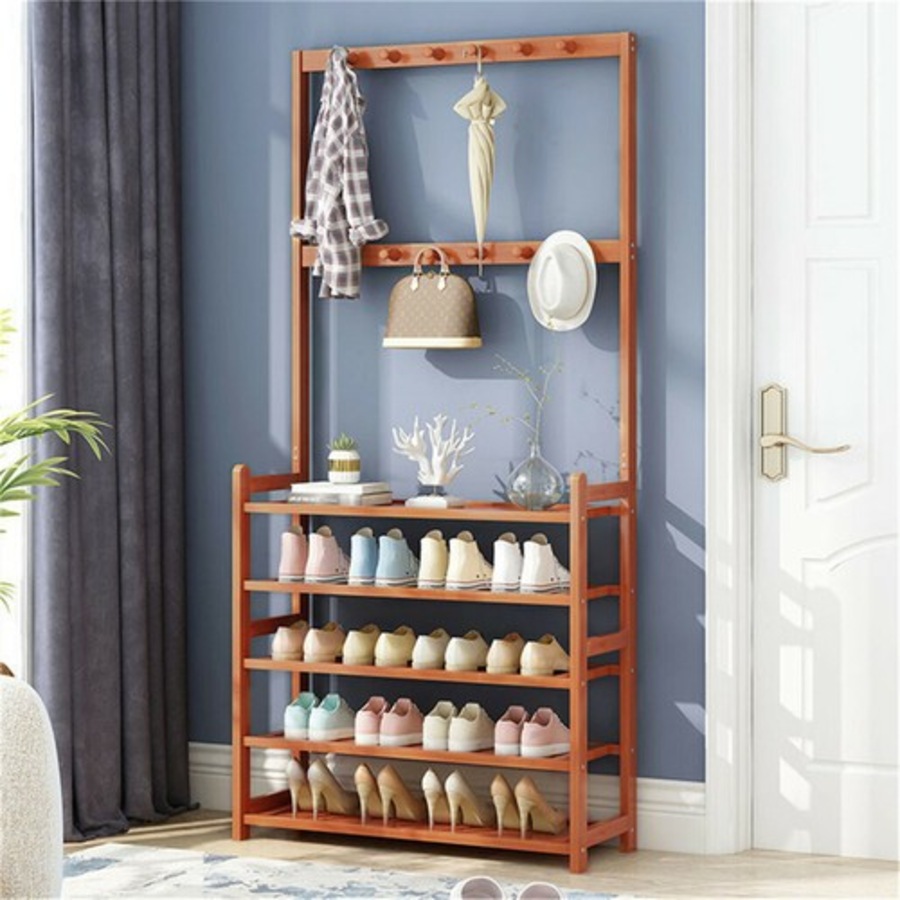 Vintage Entryway Coat Rack Shoe Bench Storage Shelf Hall Tree Accent Furniture