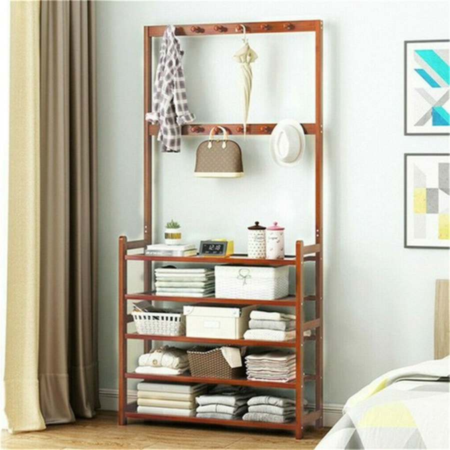 Vintage Entryway Coat Rack Shoe Bench Storage Shelf Hall Tree Accent Furniture
