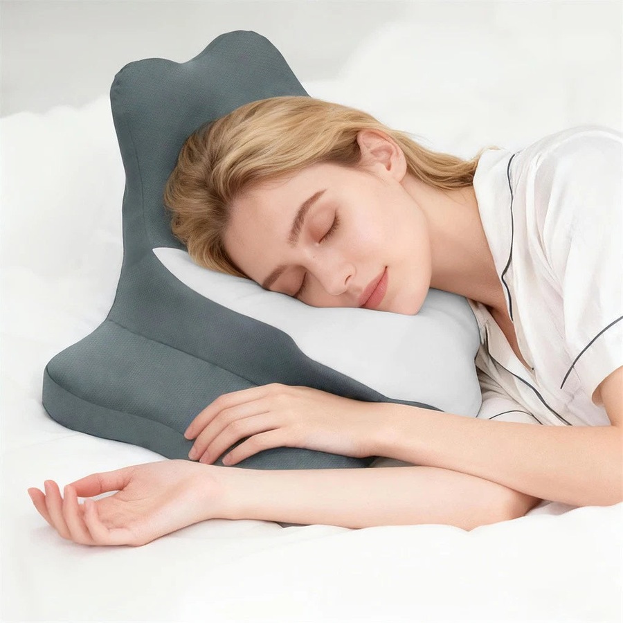Ergonomic Memory Foam Contour Bed Pillow Comfortable Cervical Support Pillow for Sleeping Reading and Lying with Ice Silk Cover for Neck Shoulder Support