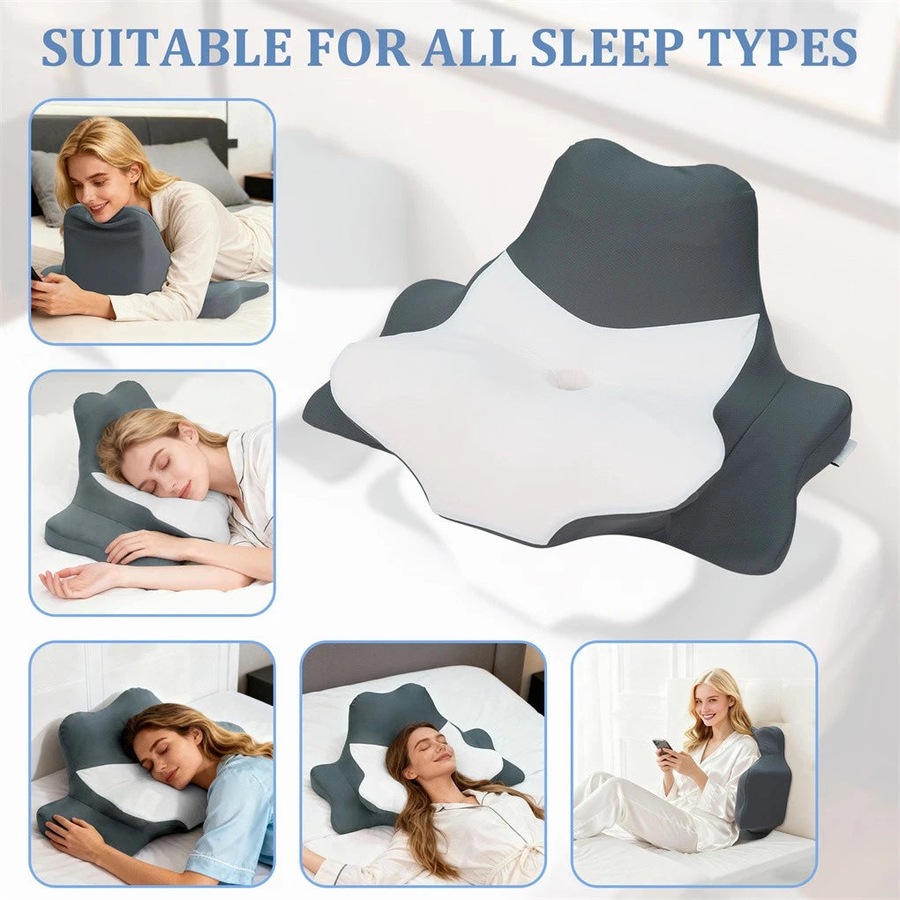 Ergonomic Memory Foam Contour Bed Pillow Comfortable Cervical Support Pillow for Sleeping Reading and Lying with Ice Silk Cover for Neck Shoulder Support