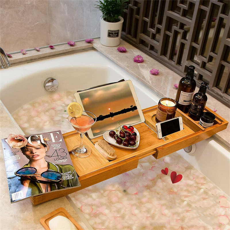 Housewares Goods Bathtub Tray Caddy - Foldable Waterproof Bath Tray & Bath Caddy - Wooden Tub Organizer & Holder for Wine, Book, Soap, Phone - Expandable size, Fits
