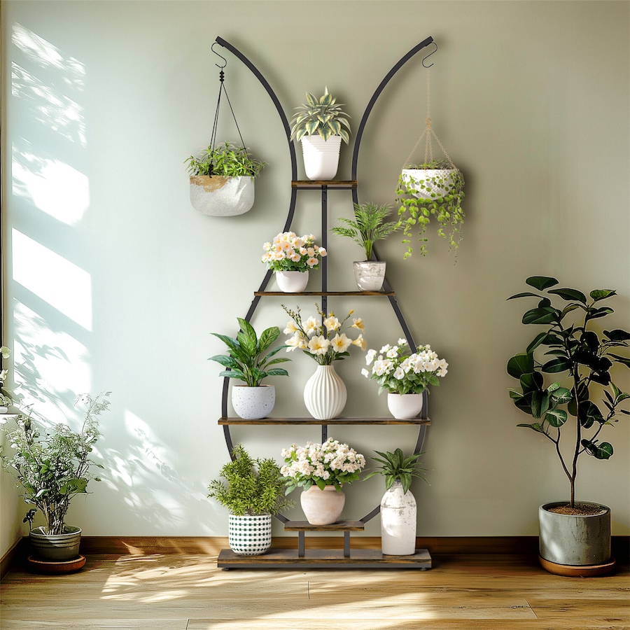 Fin 180Cm Tall Plant Stand Indoor Vase-Shape Metal Plant Shelf With Hanging Hooks