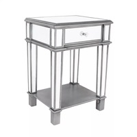 Fin Accent Mirrored End Table Bedside Night Stand W Drawer Crystal Knob Open Storage