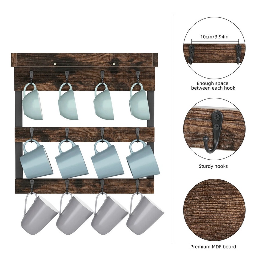 Fin Coffee Mug Holder Rustic Mug Rack Wall Mounted Cup Hangers For Kitchen Organizer