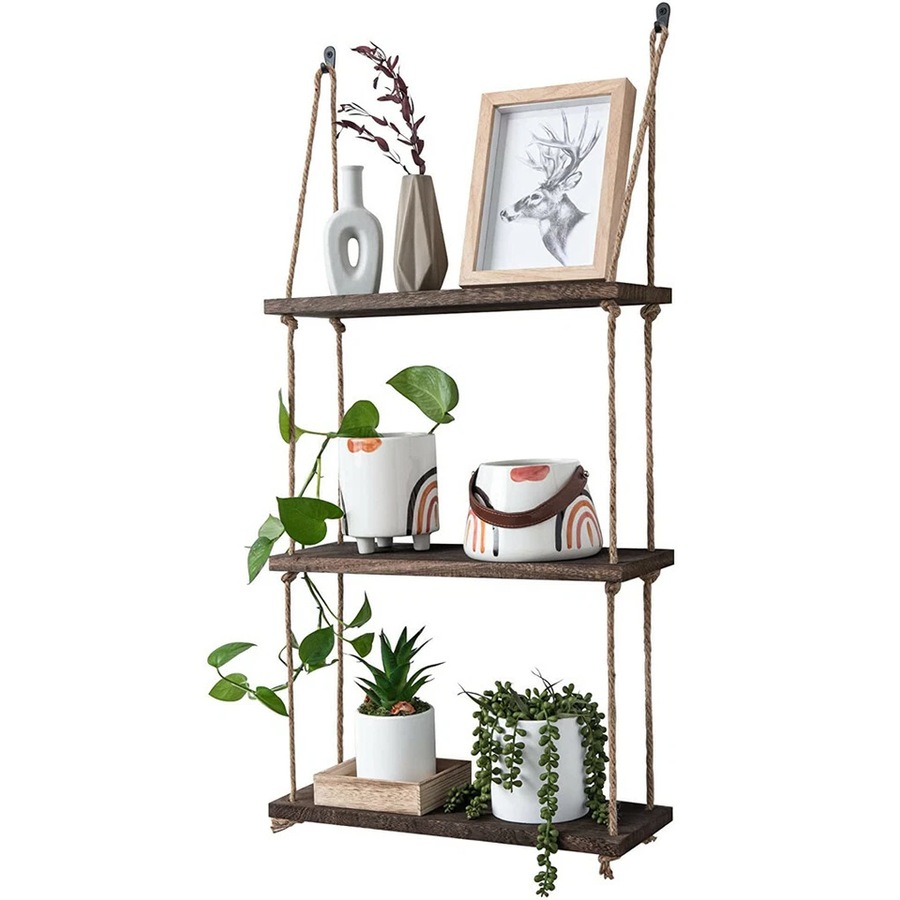 Fin Durable Rope Wall Hanging Shelves Wood Window Shelf 3 Tier Rustic Storage Rack