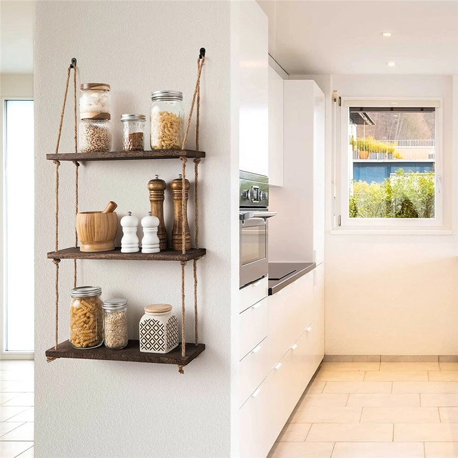 Fin Durable Rope Wall Hanging Shelves Wood Window Shelf 3 Tier Rustic Storage Rack