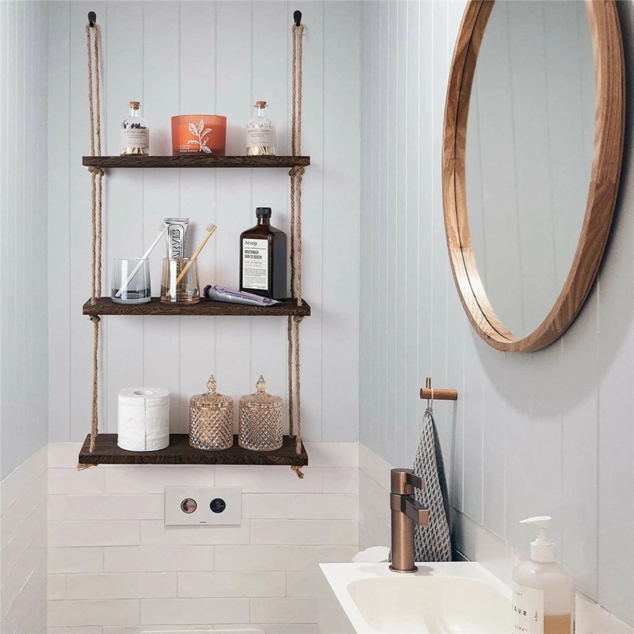 Fin Durable Rope Wall Hanging Shelves Wood Window Shelf 3 Tier Rustic Storage Rack