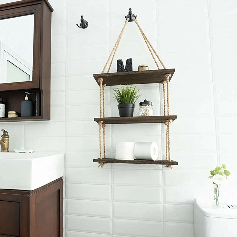 Fin Durable Rope Wall Hanging Shelves Wood Window Shelf 3 Tier Rustic Storage Rack