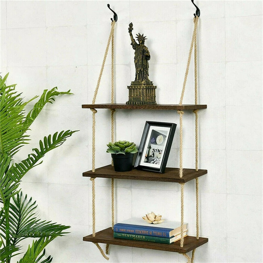 Fin Durable Rope Wall Hanging Shelves Wood Window Shelf 3 Tier Rustic Storage Rack