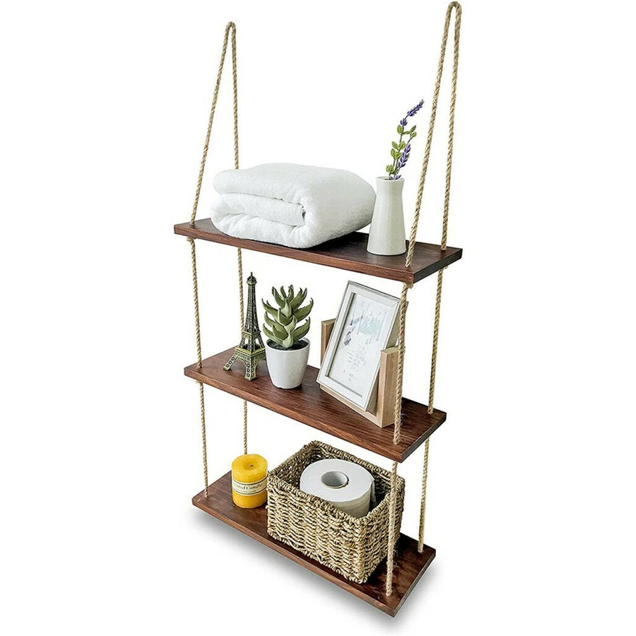 Fin Durable Rope Wall Hanging Shelves Wood Window Shelf 3 Tier Rustic Storage Rack