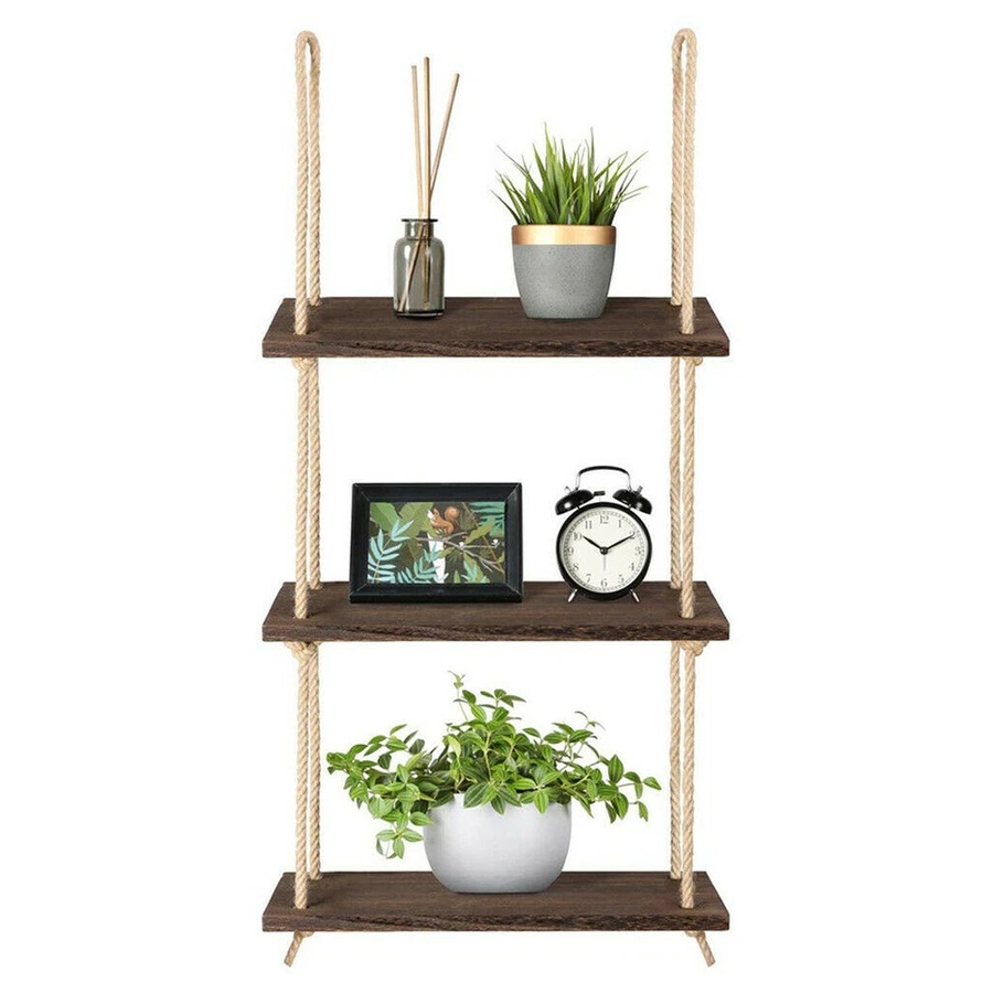 Fin Durable Rope Wall Hanging Shelves Wood Window Shelf 3 Tier Rustic Storage Rack