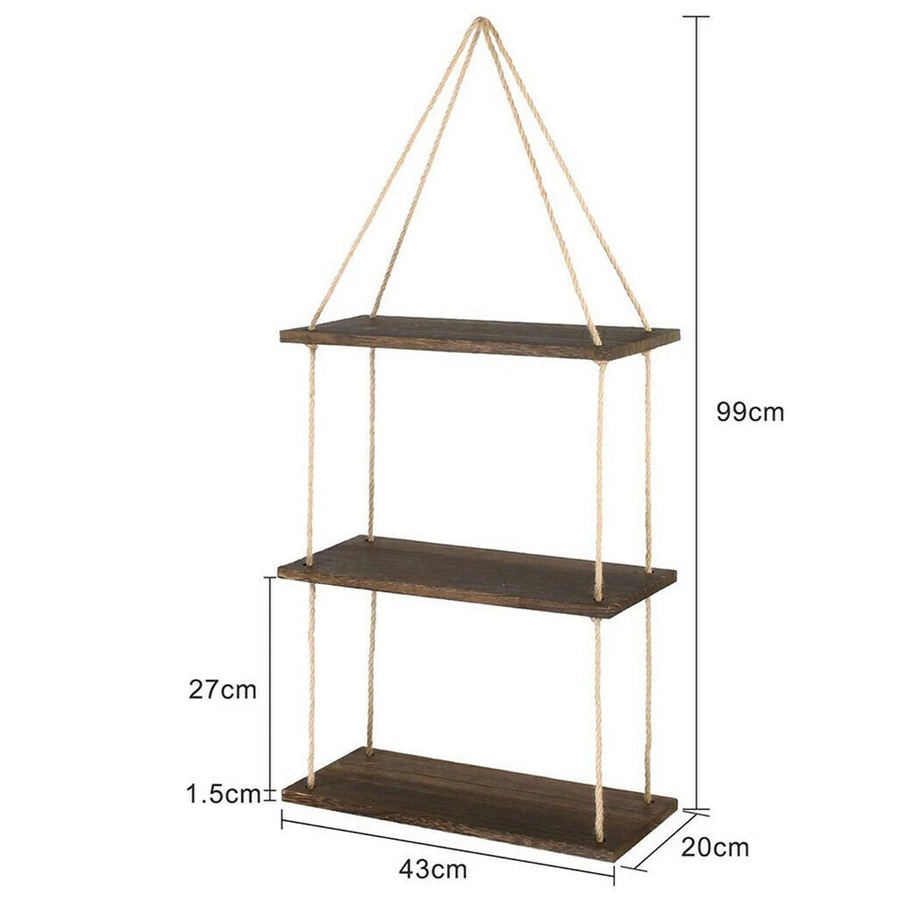 Fin Durable Rope Wall Hanging Shelves Wood Window Shelf 3 Tier Rustic Storage Rack