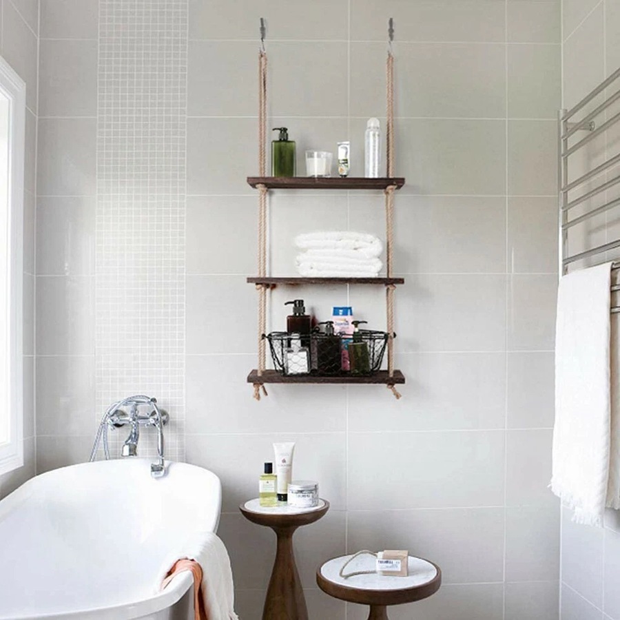 Fin Durable Rope Wall Hanging Shelves Wood Window Shelf 3 Tier Rustic Storage Rack