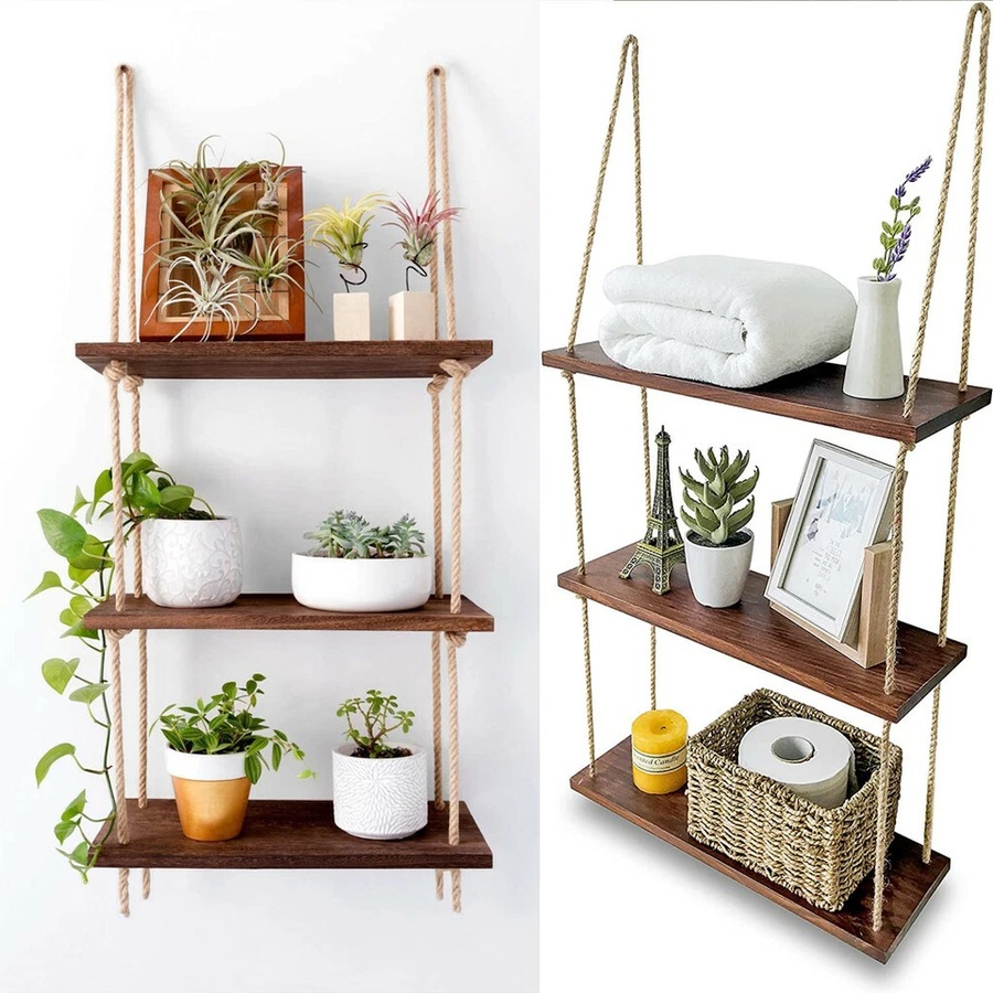 Fin Durable Rope Wall Hanging Shelves Wood Window Shelf 3 Tier Rustic Storage Rack
