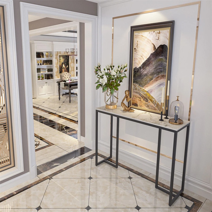 Fin Elegant White Marble Console Counter Table High Desk Pub Bar Table Scrach-Proof