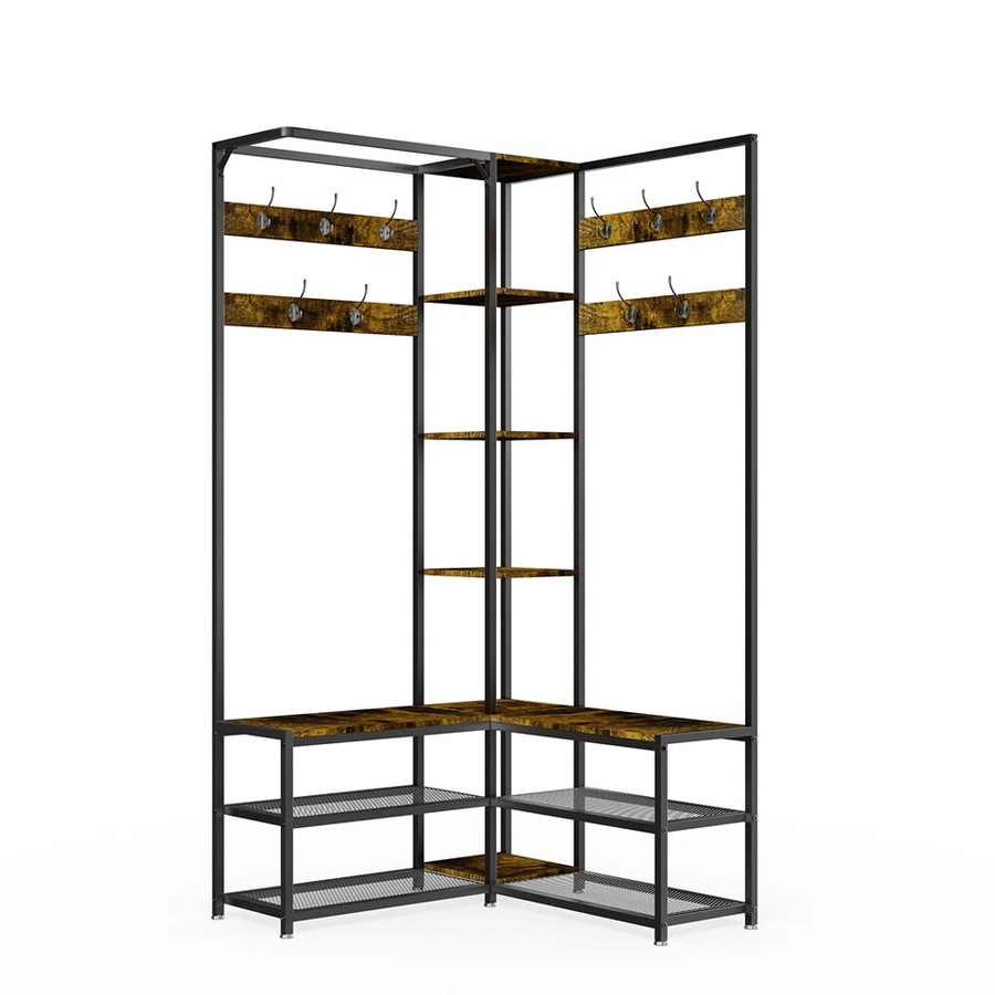 Fin Extra Large Corner Hall Tree With Shoe Rack Storage Bench Display Open Shelves