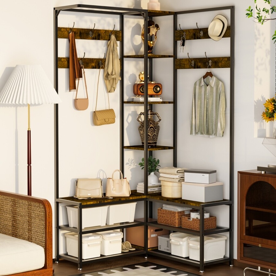 Fin Extra Large Corner Hall Tree With Shoe Rack Storage Bench Display Open Shelves