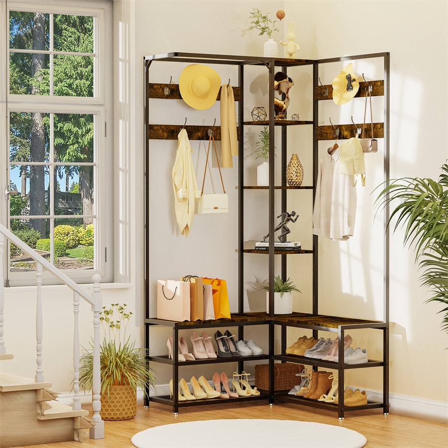 Fin Extra Large Corner Hall Tree With Shoe Rack Storage Bench Display Open Shelves