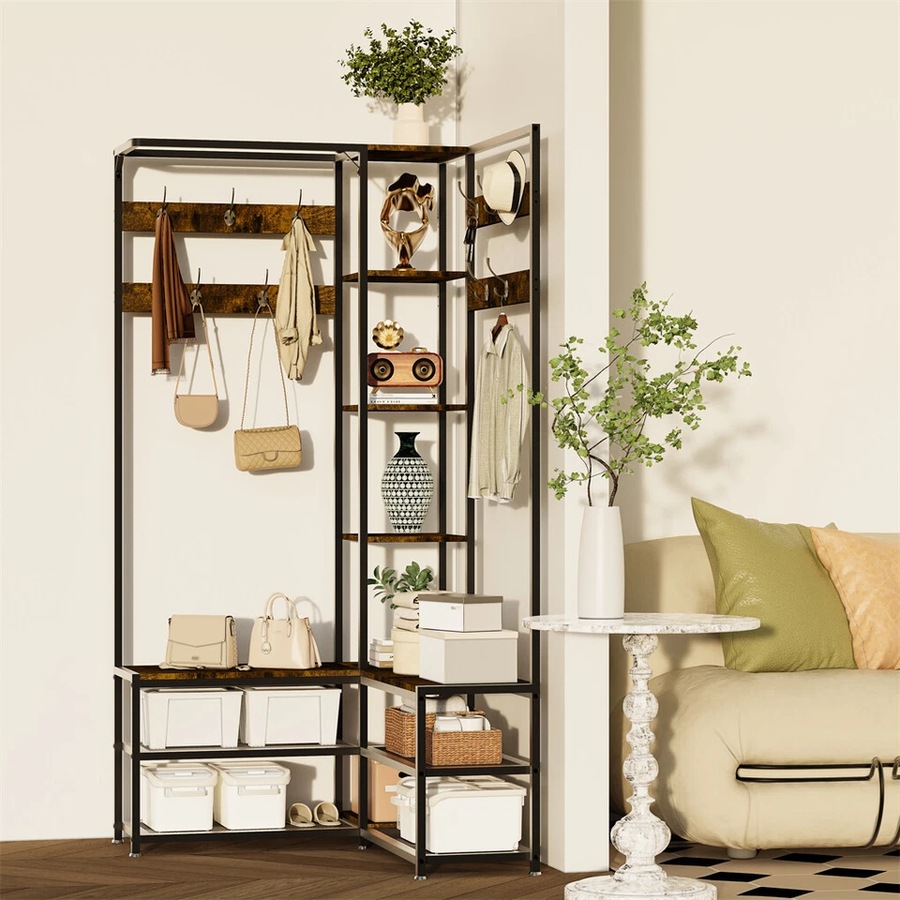 Fin Extra Large Corner Hall Tree With Shoe Rack Storage Bench Display Open Shelves